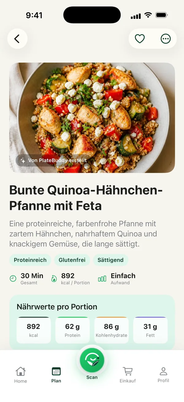 Nährwerte pro Portion: 892 kcal, 62 g Protein, 86 g Kohlenhydrate, 31 g Fett