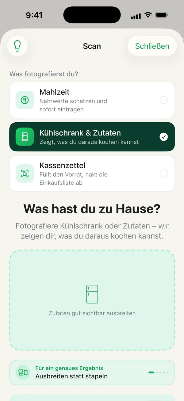 Scan-Bildschirm: Mahlzeit, Kühlschrank & Zutaten oder Kassenzettel fotografieren