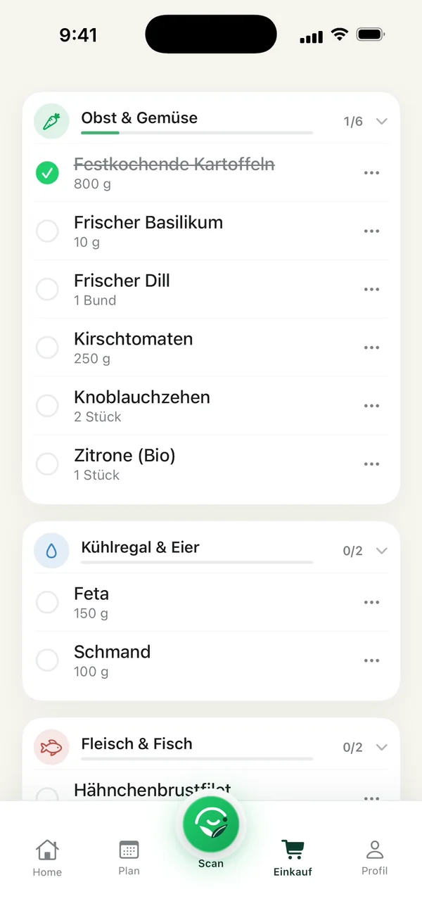 Einkaufsliste nach Regalen sortiert, gekaufte Artikel abgehakt