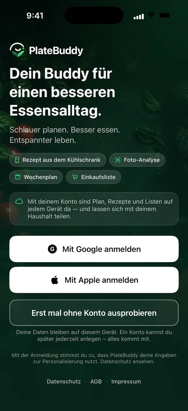 Startbildschirm mit Anmeldung über Google, Apple oder ohne Konto