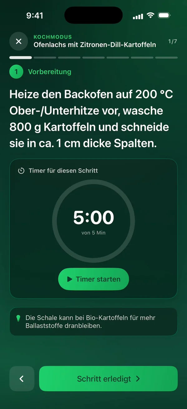 Kochmodus mit Schritt-Anleitung und 5-Minuten-Timer